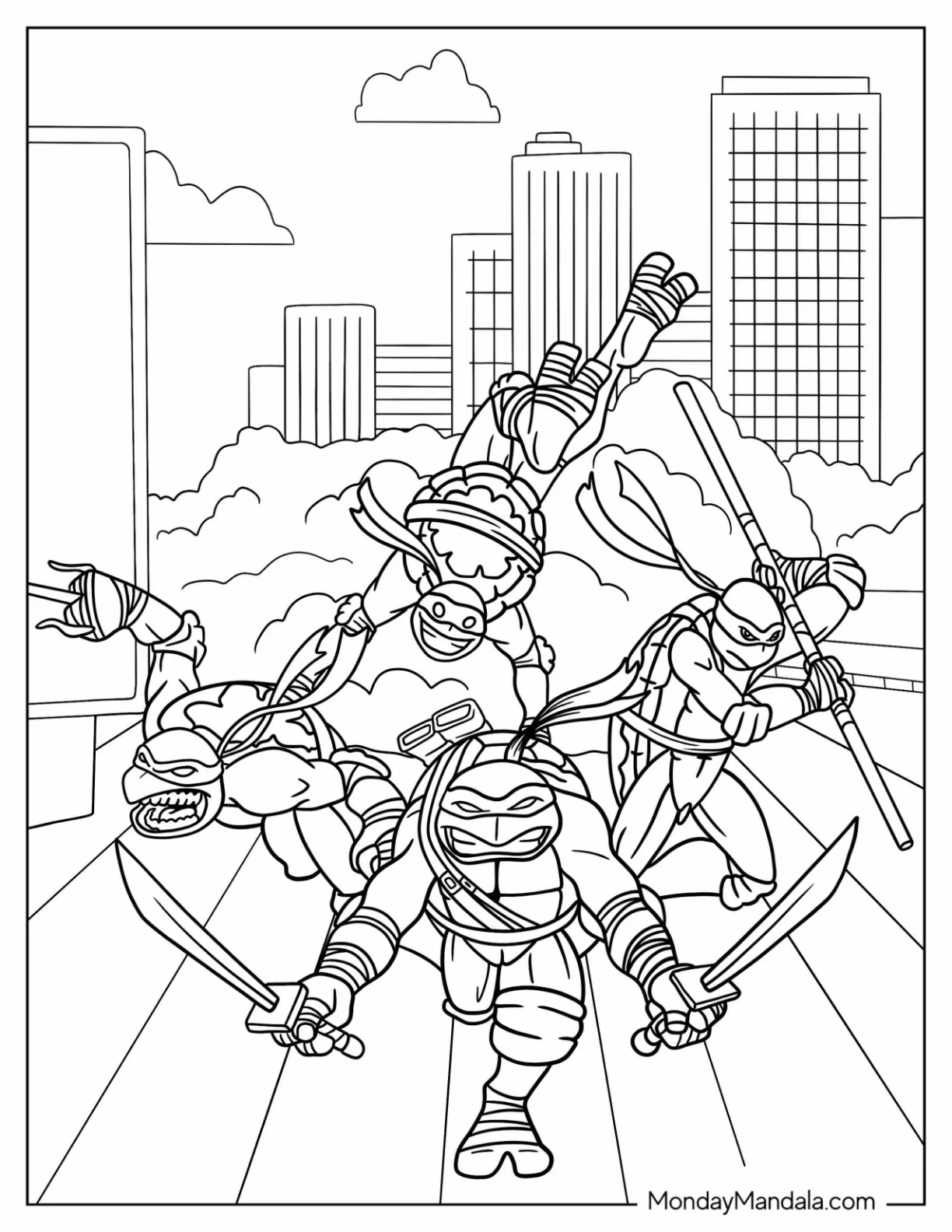 Ninja Turtles Coloring Page Of Raphael, Donatello, Michelangelo, And Leonardo Charging At Enemy coloring page