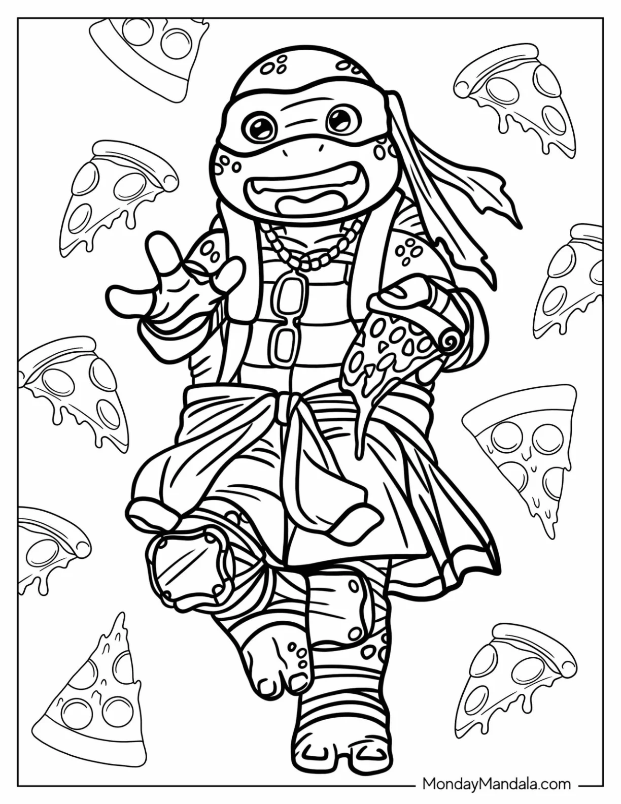 Ninja Turtles Coloring Page Of Young Michelangelo Holding Pizza coloring page