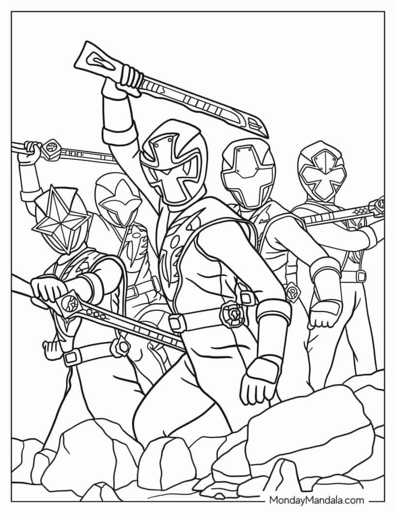 Coloring Page Of Power Rangers Fighting Together coloring page