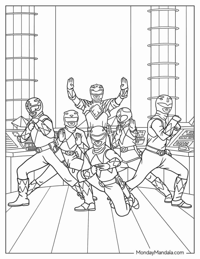 Coloring Page Of Power Rangers In Iconic Pose coloring page — printable line art