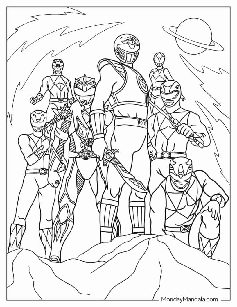 Detailed Mighty Morphin Power Rangers coloring page — printable line art