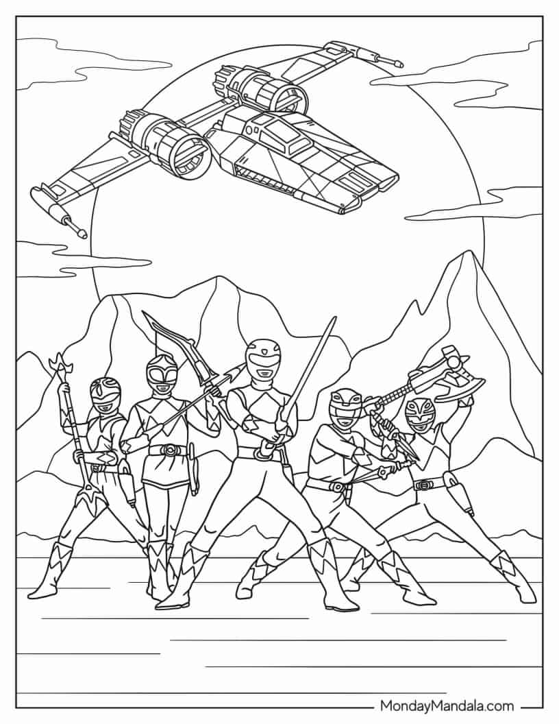 Mighty Morphin Power Rangers Coloring In For Kids coloring page — printable line art