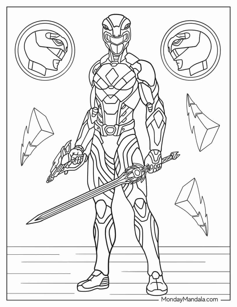 Power Ranger Holding Gun And Sword Coloring Sheet coloring page