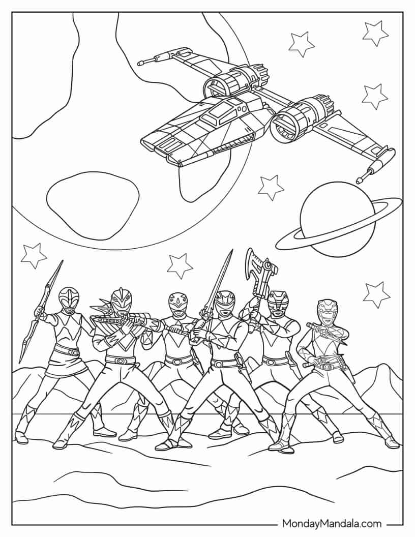 Power Rangers Fighting In Outer Space Coloring Sheet coloring page