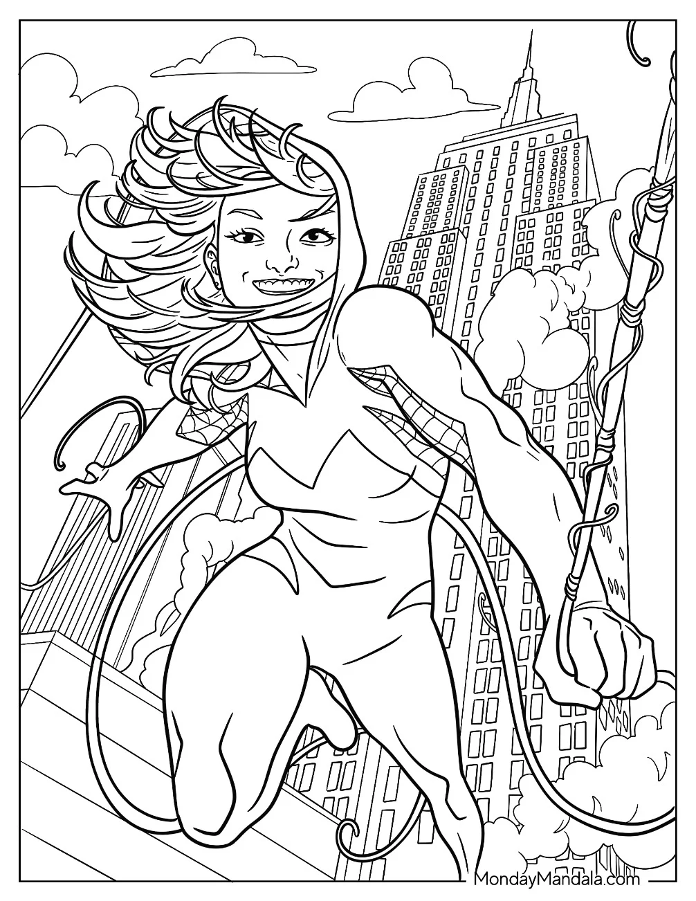 Comic Spider-Gwen Coloring Page Running In The City coloring page