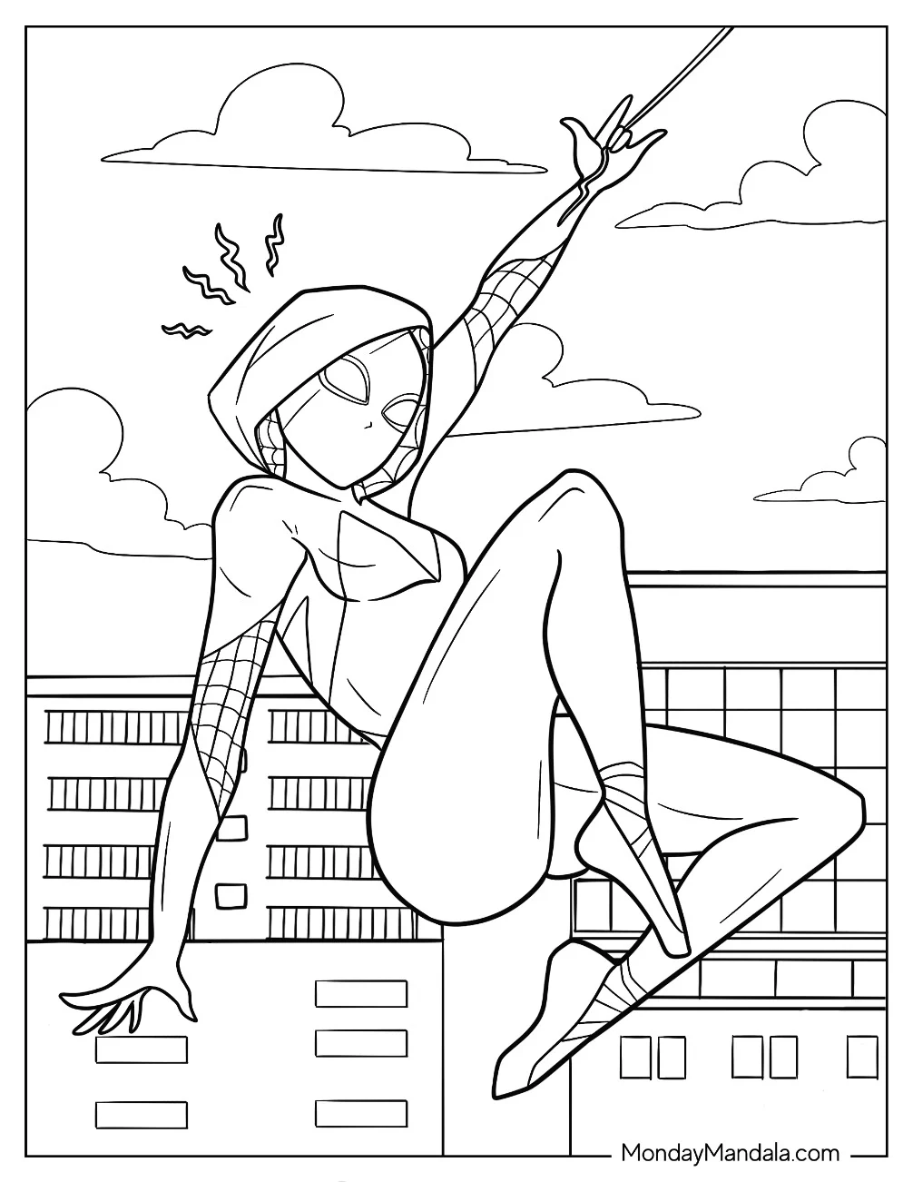 Cool Spider-Gwen Coloring Page Swinging From A Web coloring page