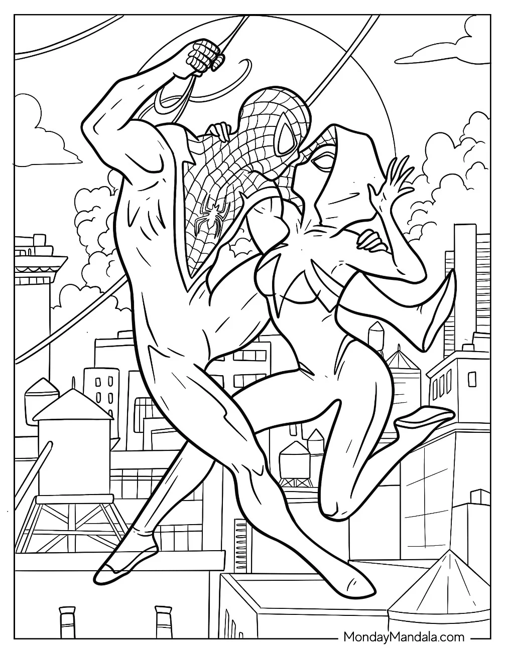 Detailed Spider-Gwen Coloring Page Holding Spider Gwen In Mid Air coloring page