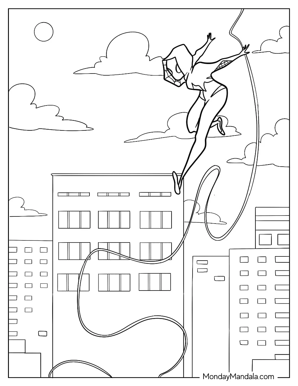 Easy Outline Of Spider-Gwen Coloring Page At Night For Preschoolers coloring page