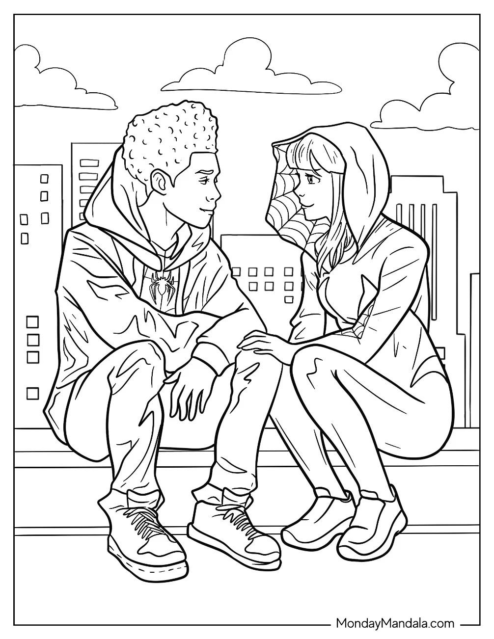 Miles Morales And Spider-Gwen Coloring Page Sitting Together On A Rooftop coloring page
