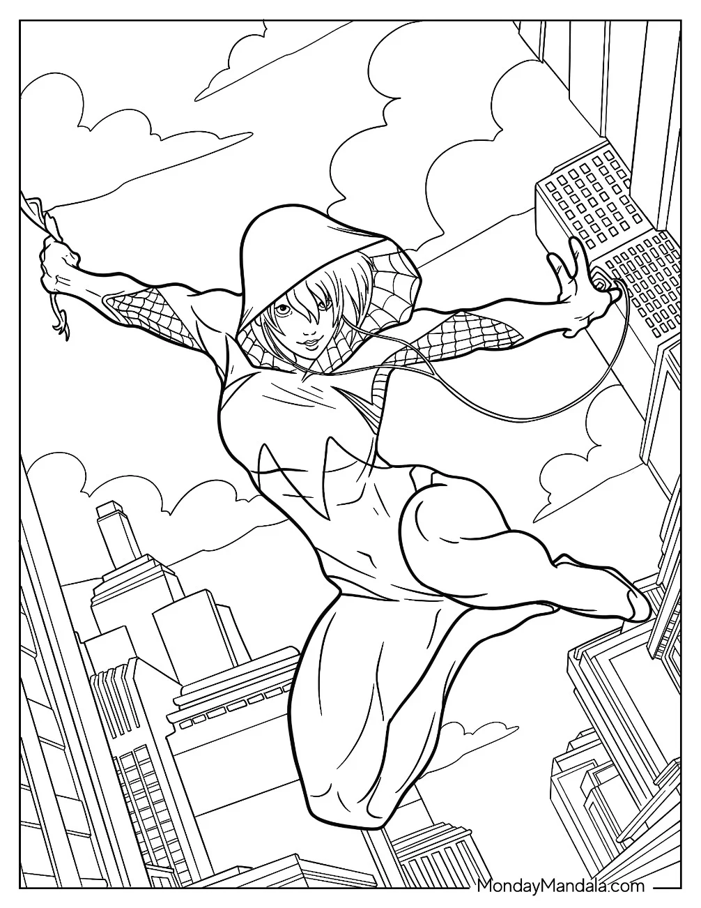 Realistic Spider-Gwen Coloring Page Swinging Across The City coloring page