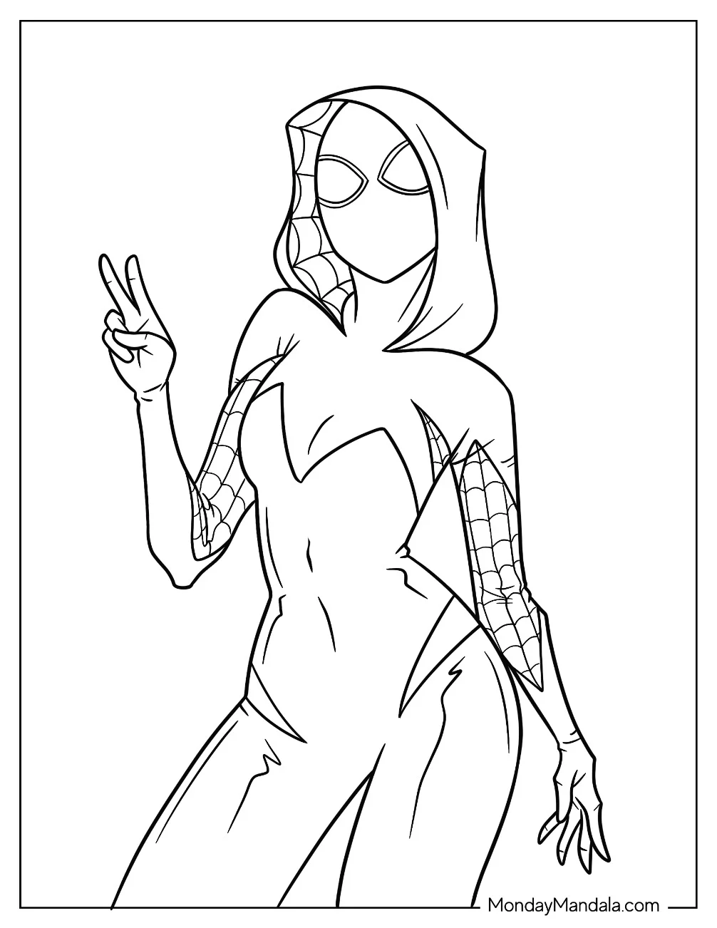 Simple Spider-Gwen Coloring Page Doing Peace Sign For Kids coloring page — printable line art