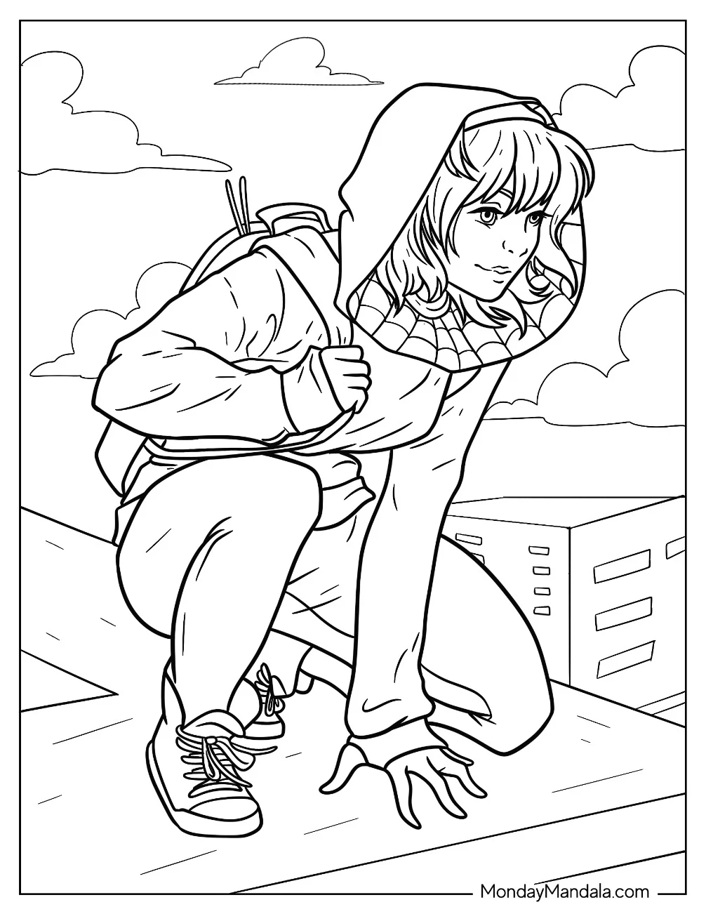 Spider-Gwen Coloring Page Crouched On The Edge Of A Roof coloring page