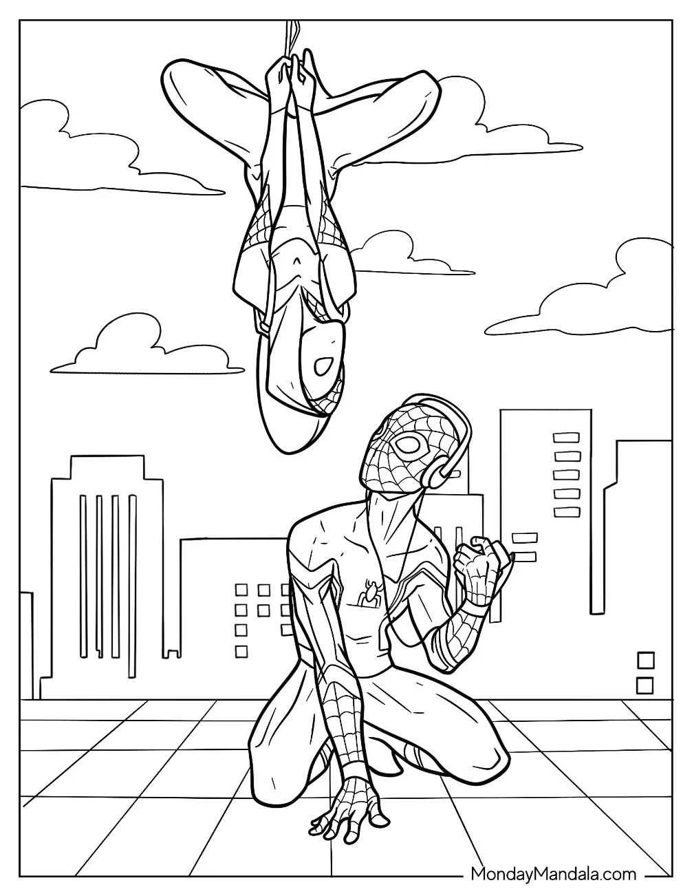 Spider-Gwen Coloring Page Hanging Upside Down Next To Spider Man coloring page — printable line art