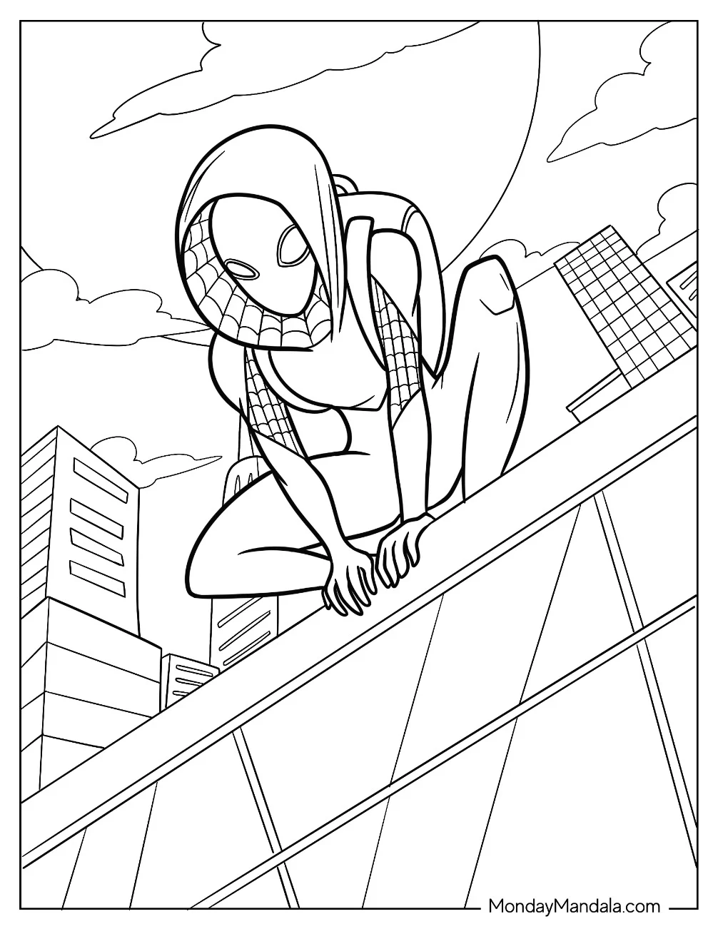 Spider-Gwen Coloring Page Looking Down From The Top Of A Building coloring page