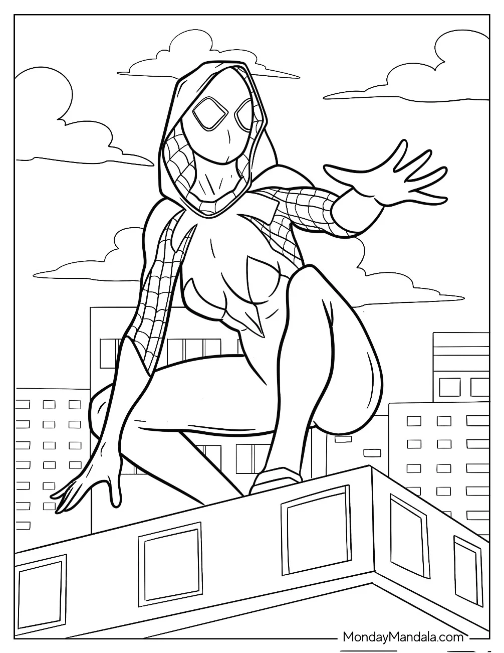 Spider-Gwen Coloring Page On The Edge Of A Building Holding Her Hand Out coloring page