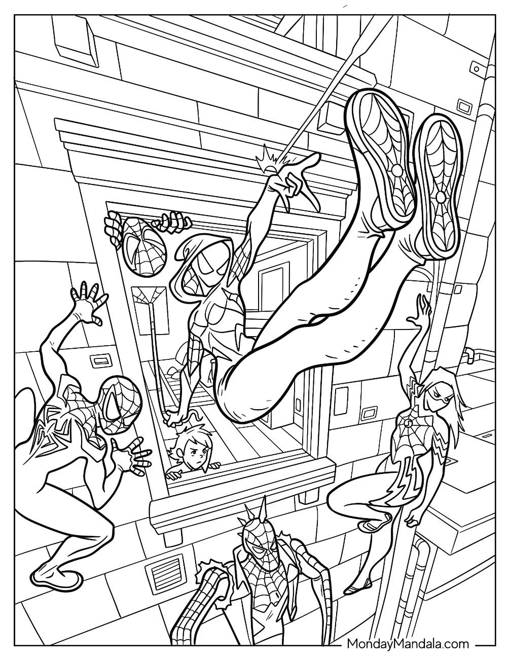 Spider-Gwen Coloring Page Swinging Out Of A Window In Spider Man Multiverse coloring page