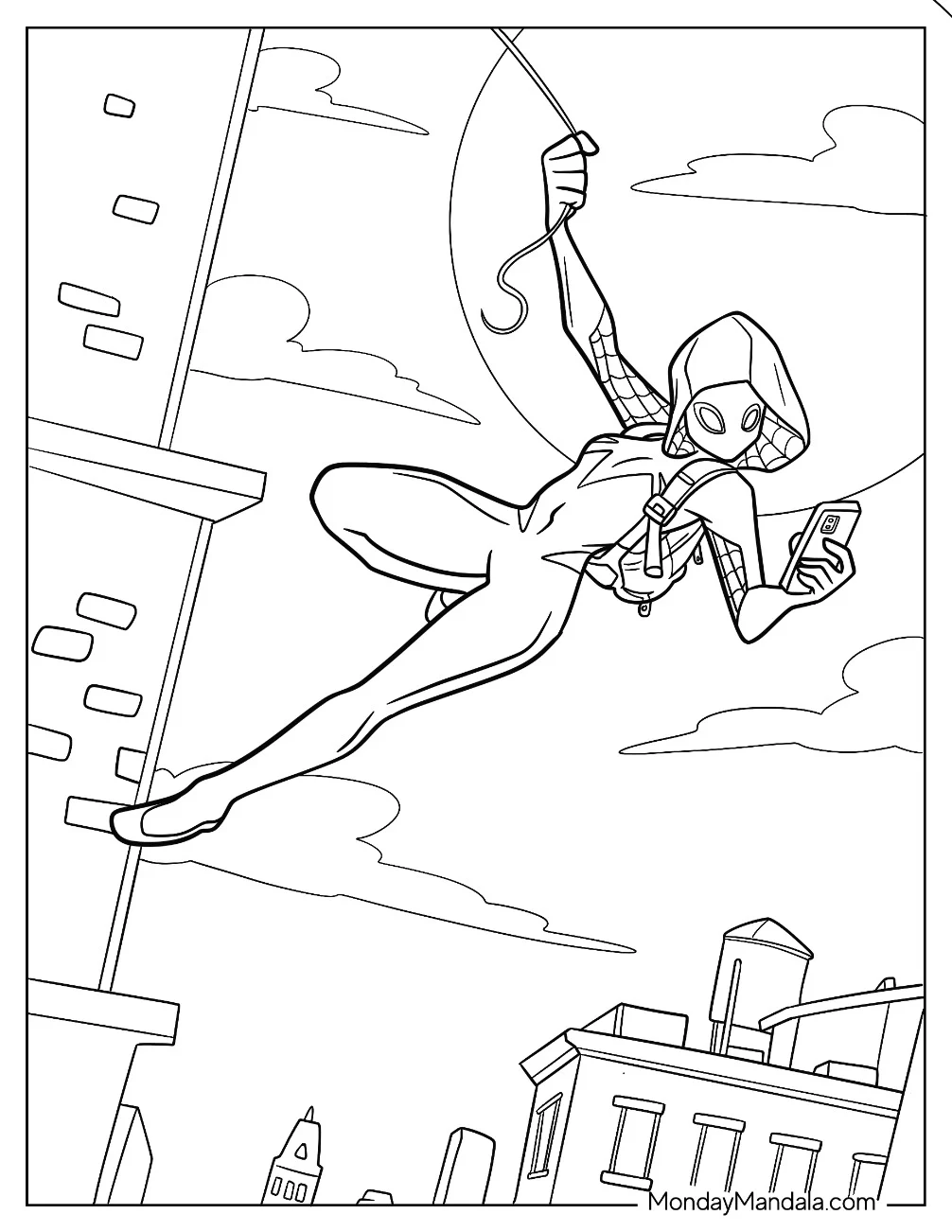 Spider-Gwen Coloring Page Texting While Swinging From A Web coloring page — printable line art