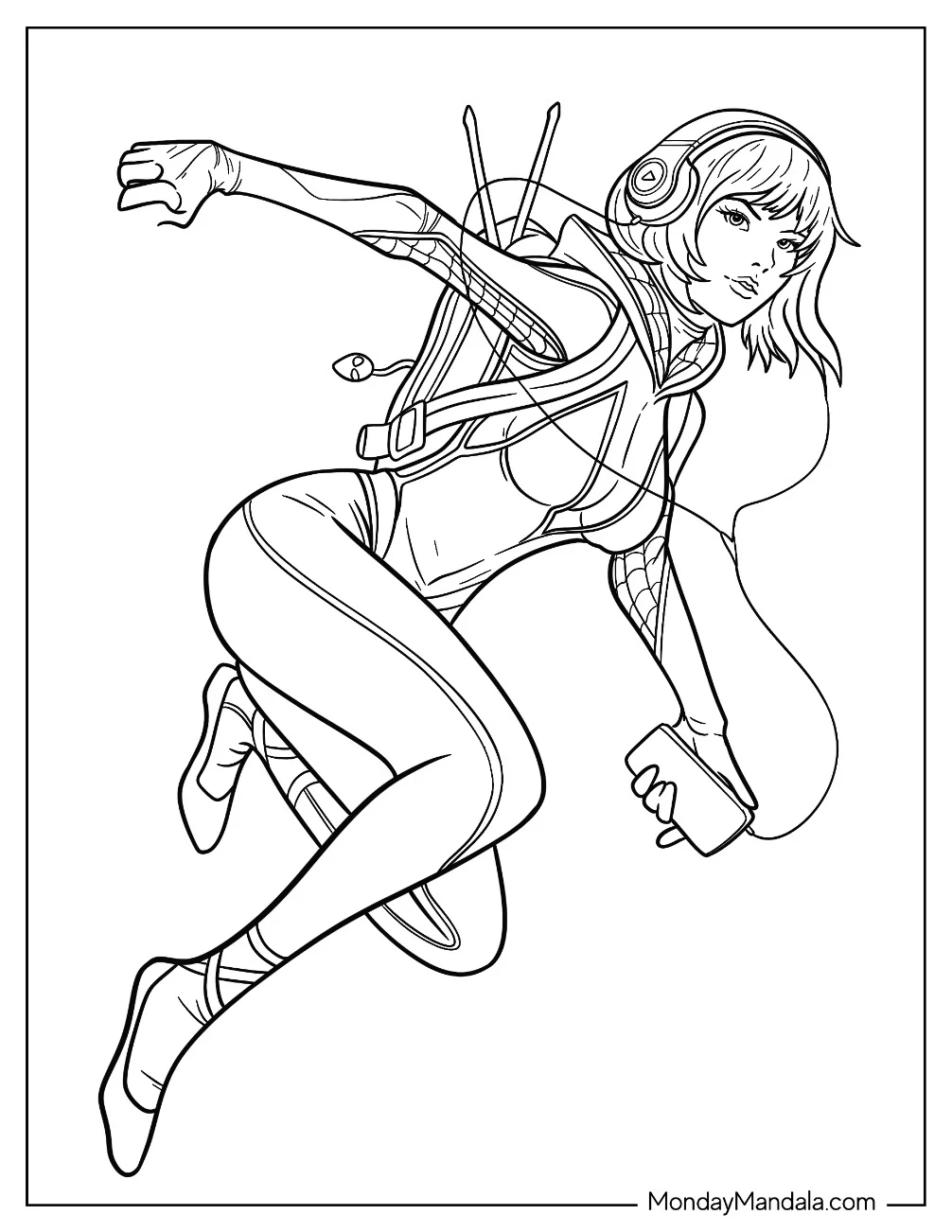 Spider-Gwen Coloring Page Wearing Headphones And Backpack coloring page