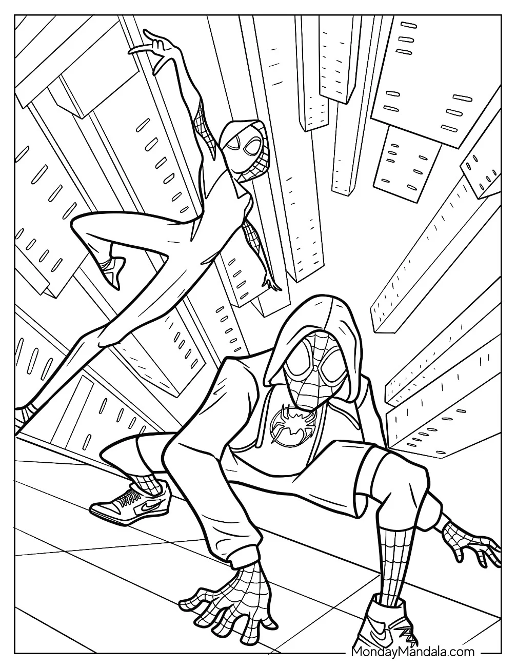 Spider Man And Spider-Gwen Coloring Page In Action coloring page