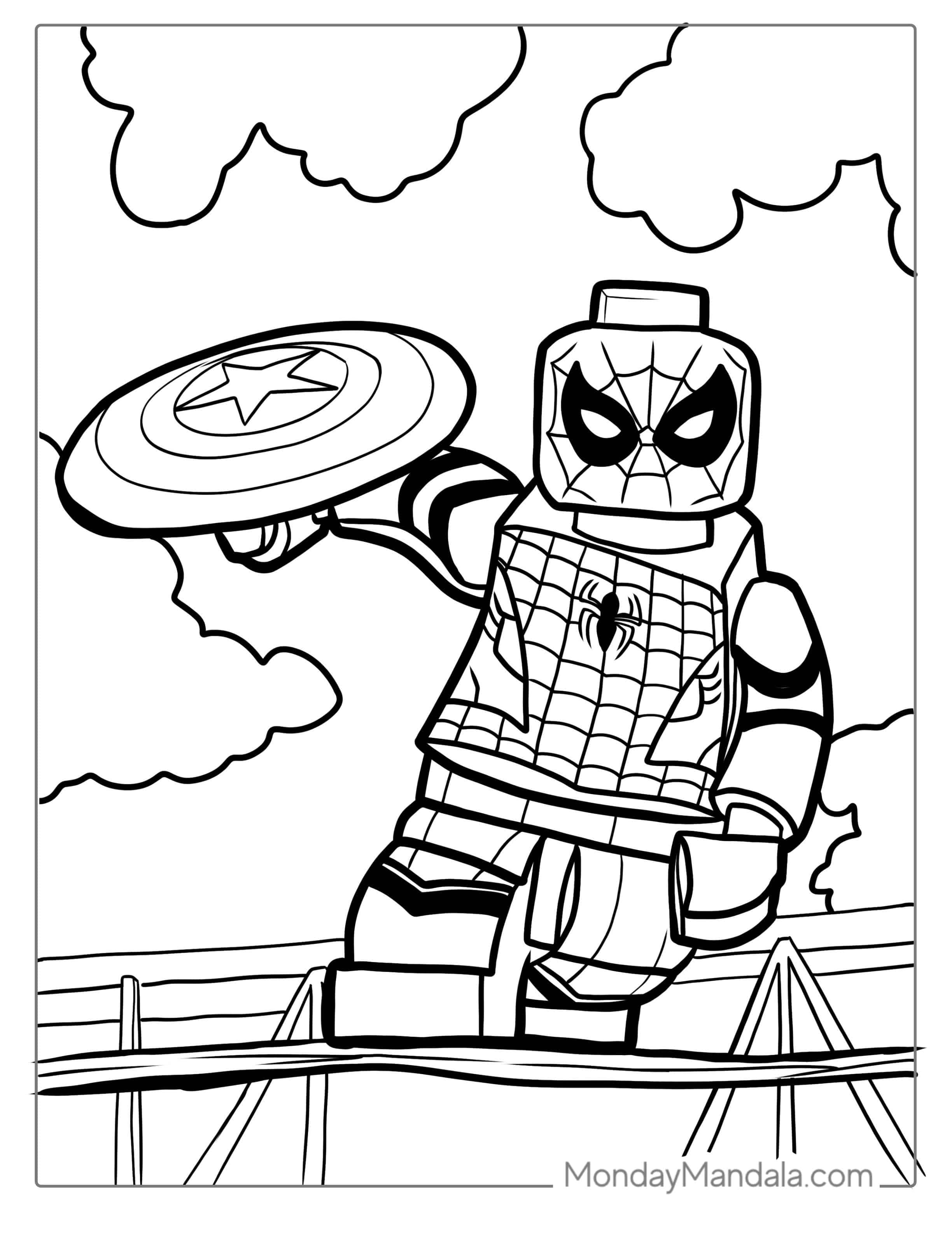 Lego Spider-Man Holding Captain Americas Shield Coloring coloring page