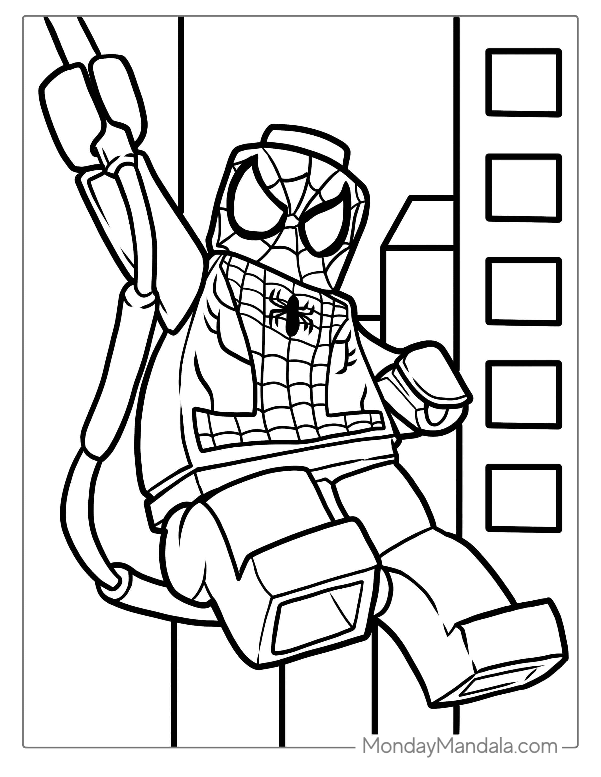 Lego Spider-Man With Webs Swinging Through City coloring page