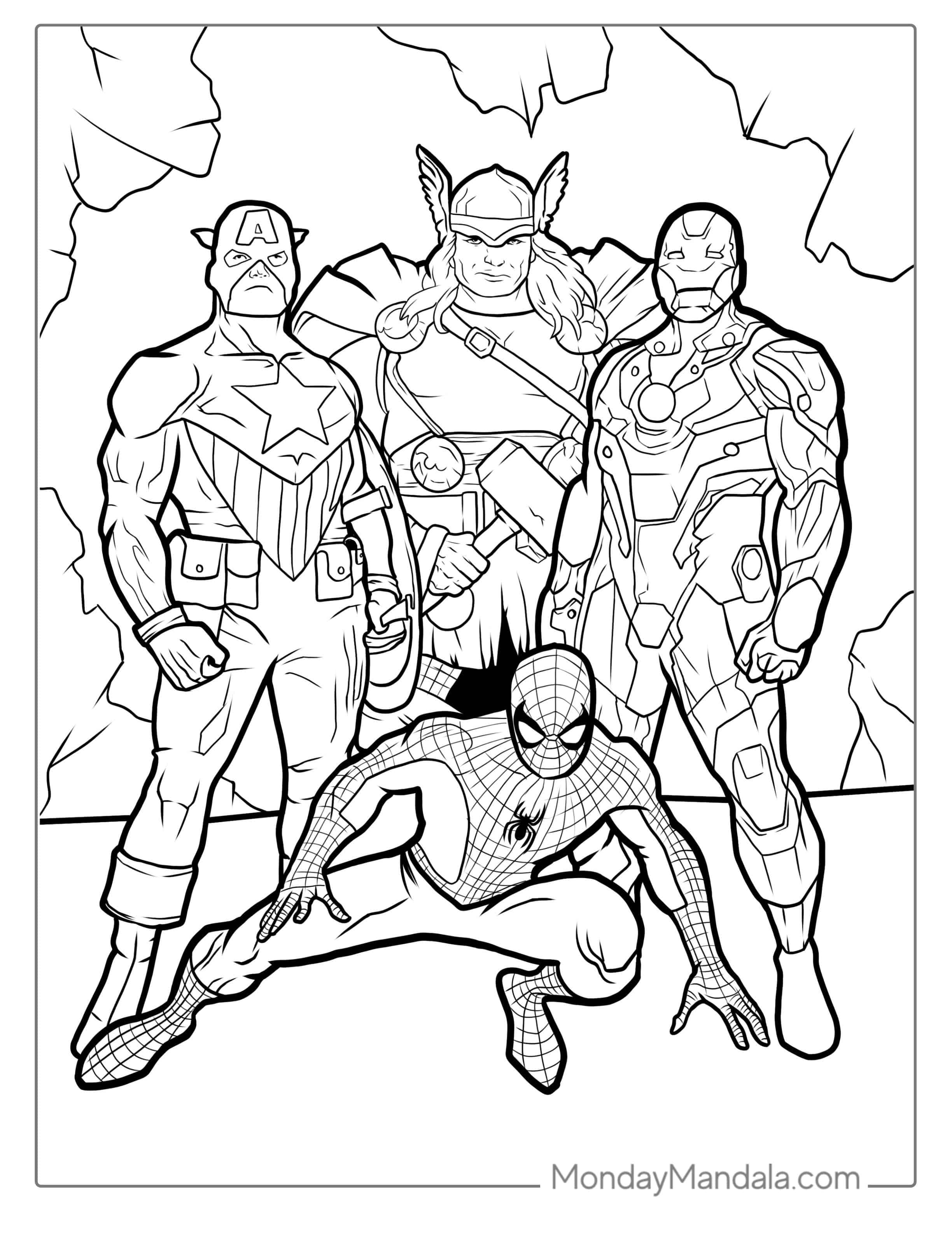 Spider-Man With Thor, Captain America, And Iron Man coloring page
