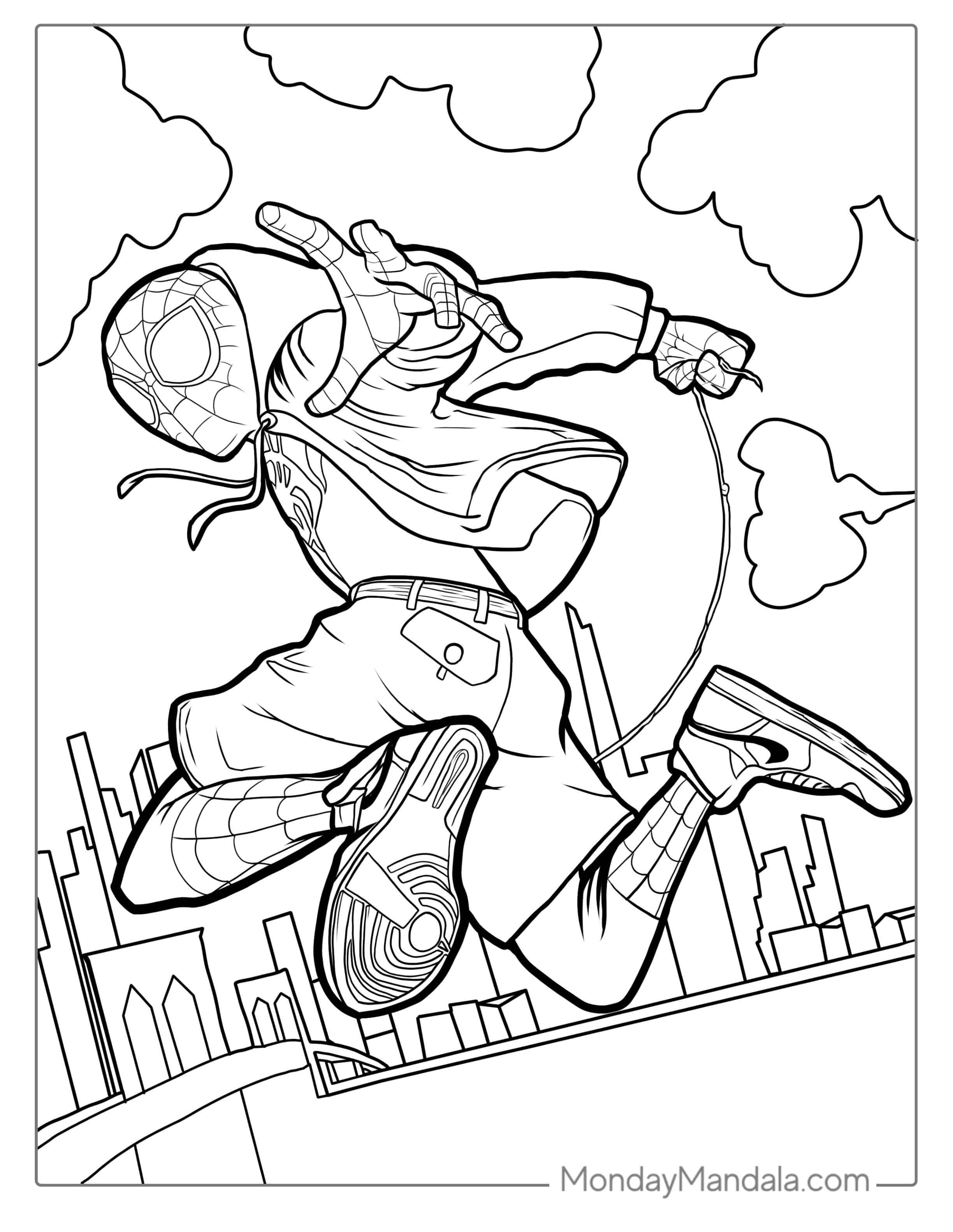 Spider-Verse Spider-Man Leaping Through City coloring page