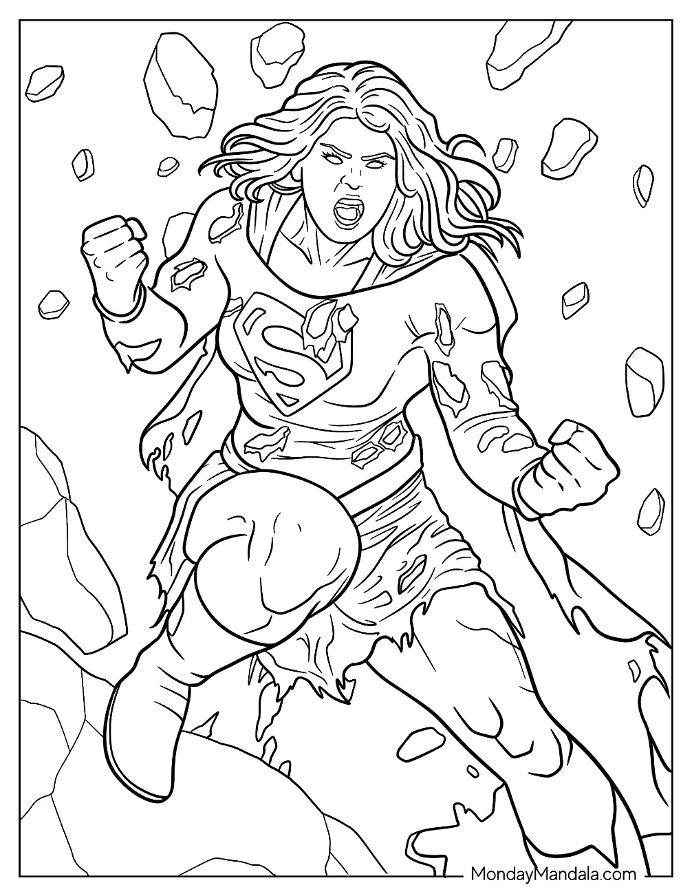 Angry Supergirl Coloring Page Kara Zor El With Rocks Flying Around coloring page — printable line art