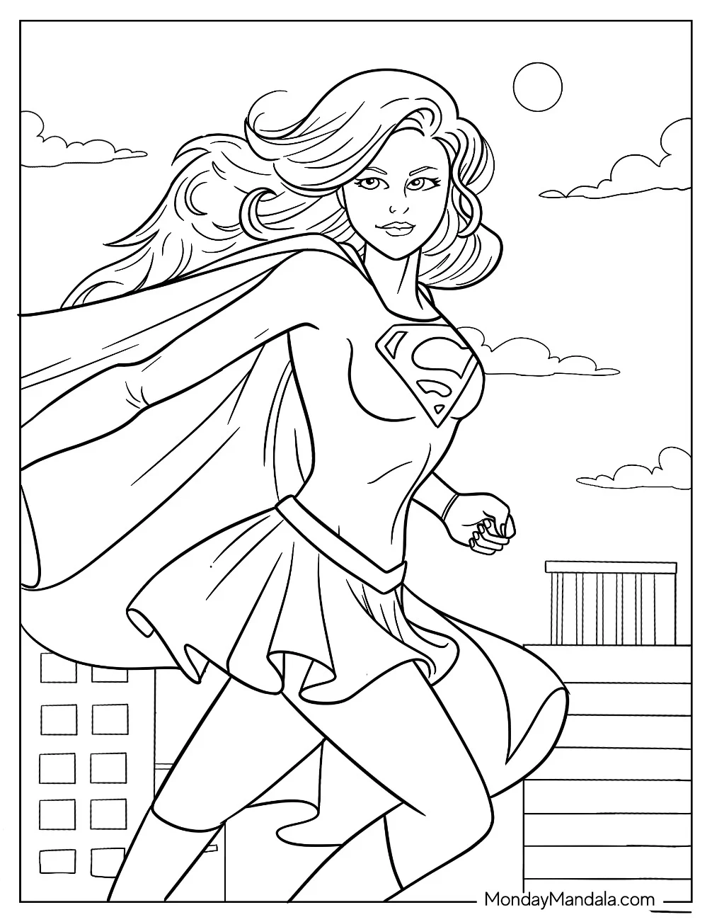 Cartoon Supergirl Coloring Page In The Sky For Kids coloring page — printable line art