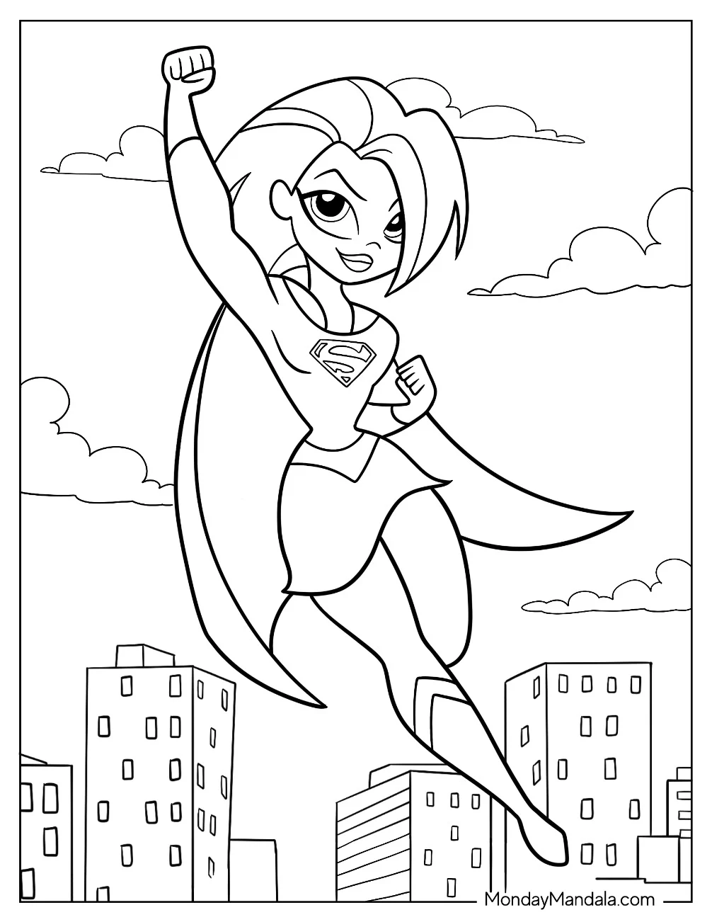 Cute Supergirl Coloring Page Flying Through The City For Preschoolers coloring page