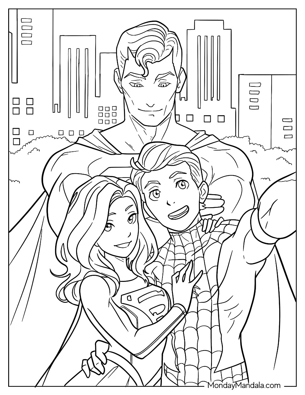 Spiderman, Superman, And Supergirl Coloring Page Taking A Selfie coloring page