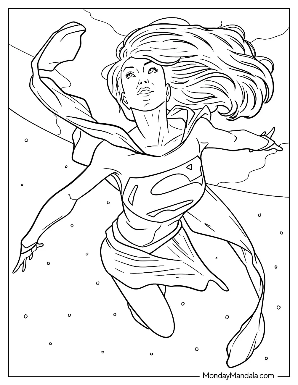 Supergirl Coloring Page Flying In Outerspace coloring page — printable line art