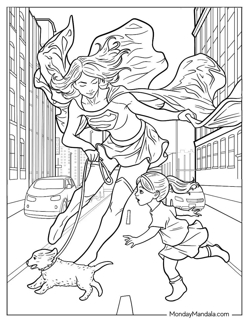 Supergirl Coloring Page Helping A Little Girl And Her Dog coloring page