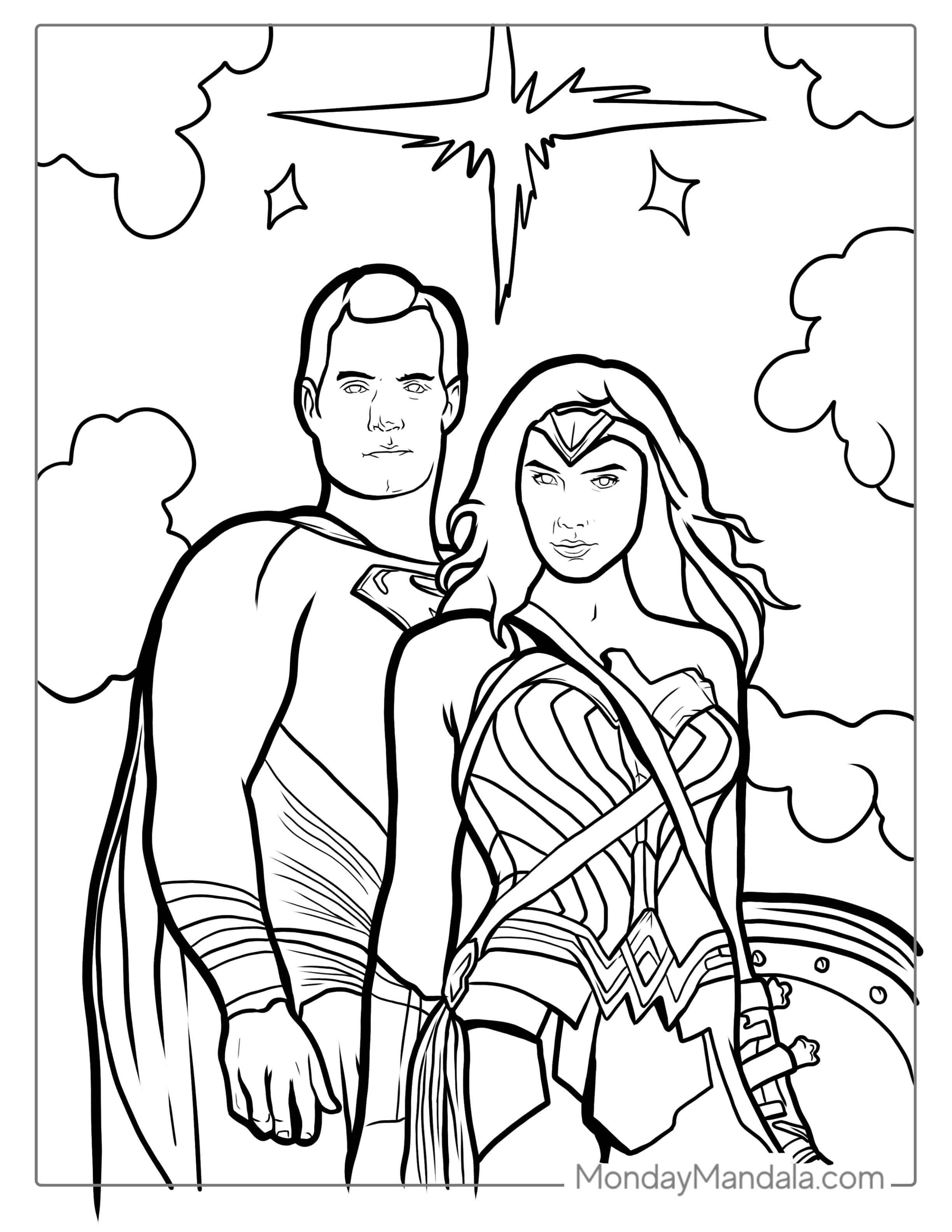 Superman And Wonder Woman Coloring Sheet coloring page — printable line art