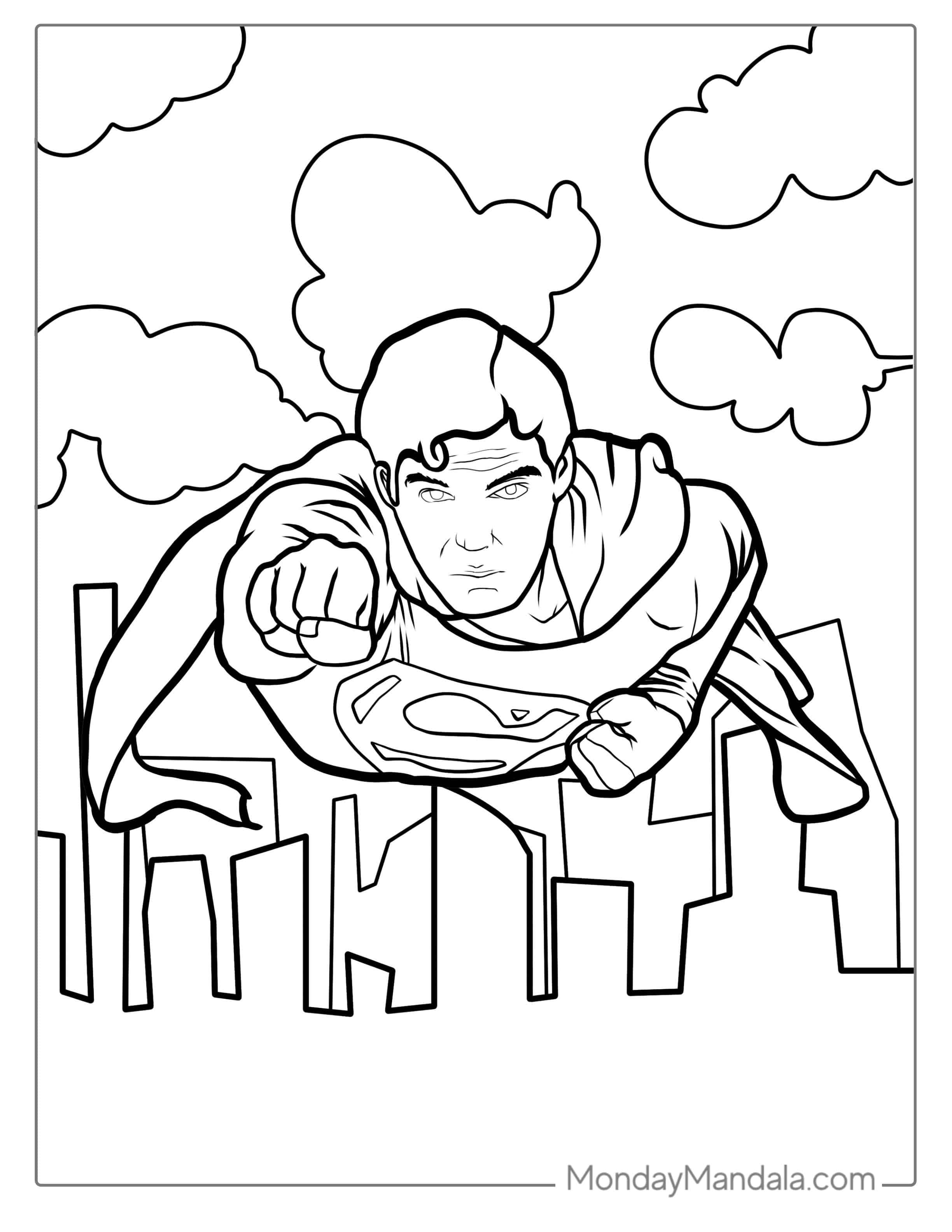 Superman Flying Over Buildings Coloring coloring page — printable line art