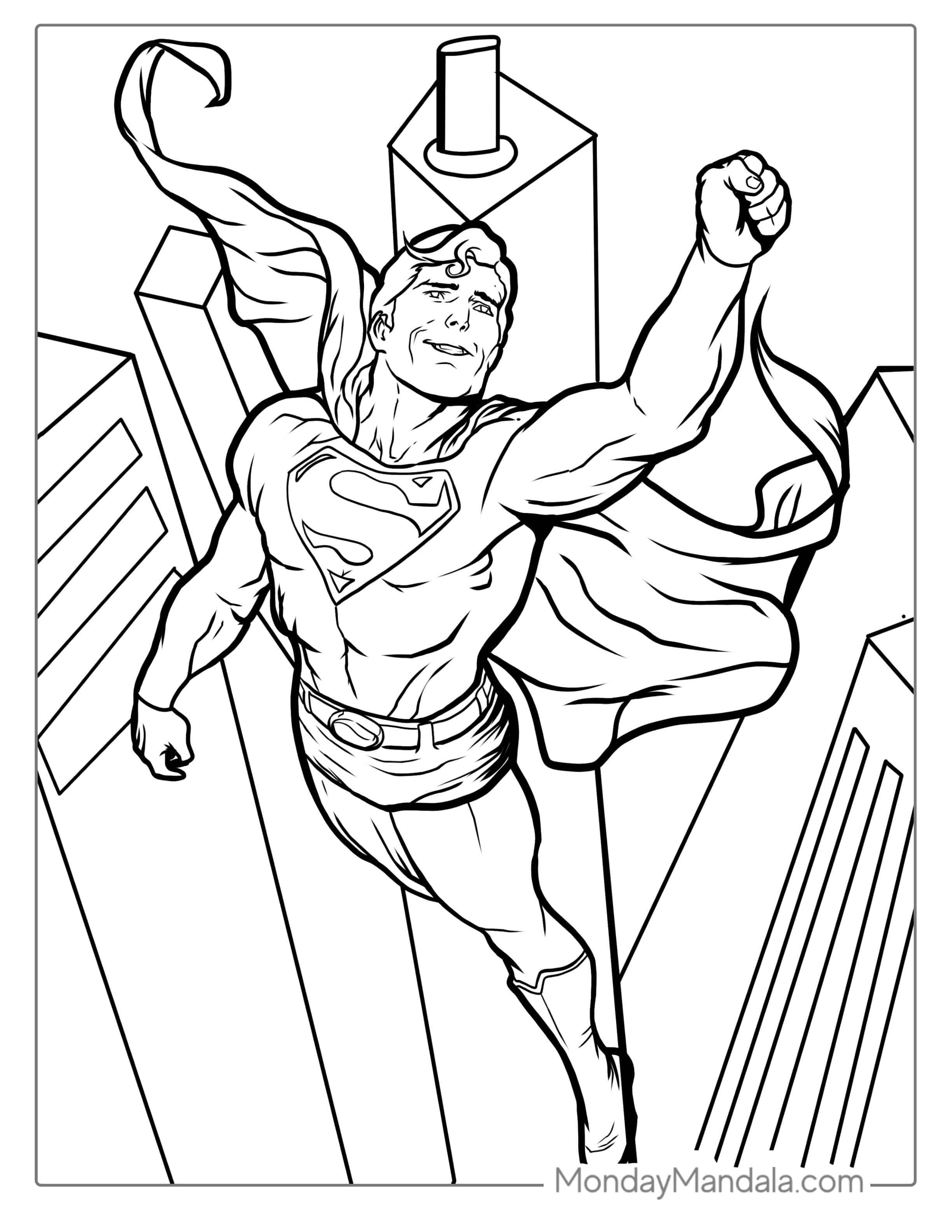 Superman Flying Through City Skyline coloring page