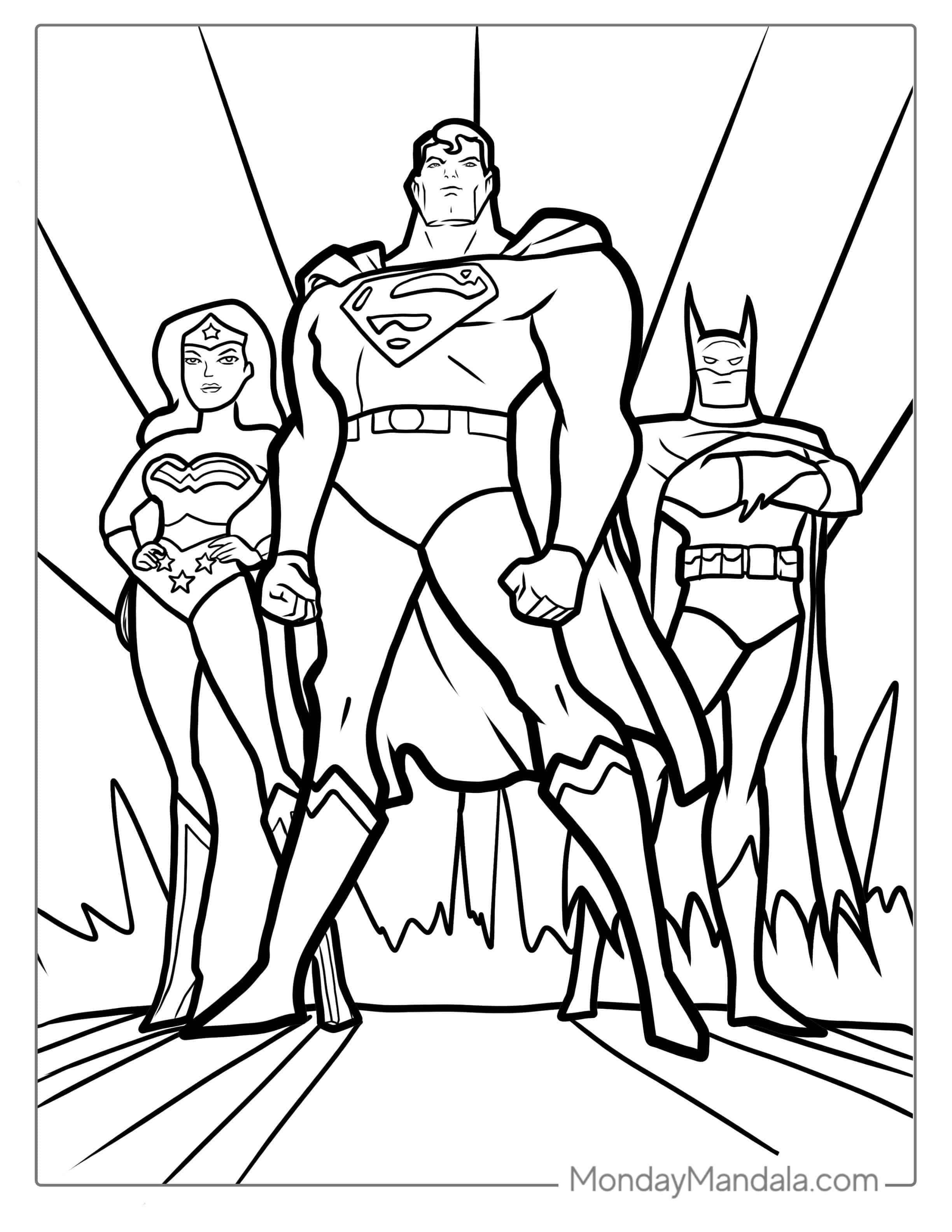 Superman With Batman And Wonder Woman Coloring coloring page — printable line art