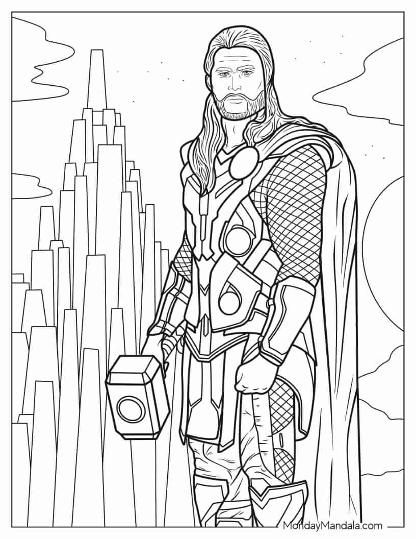 Detailed Coloring Page Of Thor Holding Hammer coloring page — printable line art