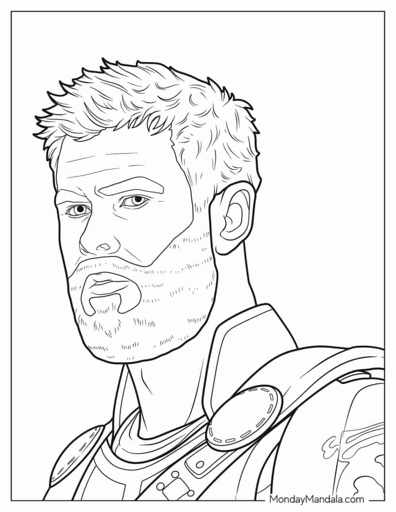 Detailed Coloring Sheet Of Chris Hemsworth As Thor coloring page