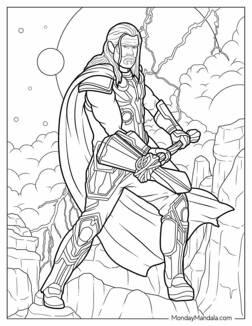 Thor Wielding Stormbreaker coloring page