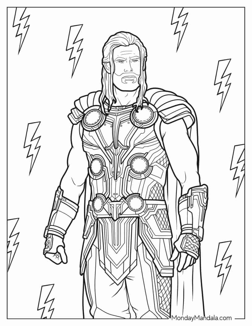Thor With Detailed Armor And Lightening Strikes coloring page — printable line art
