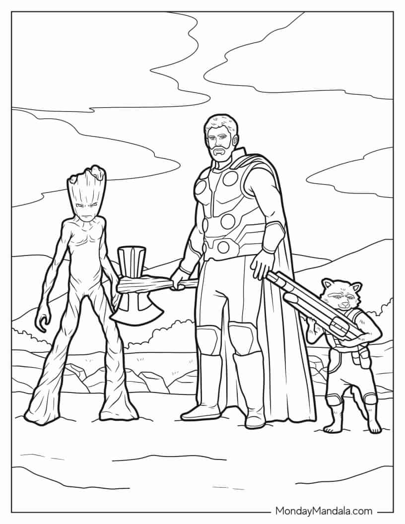 Thor With Groot And Rocket Racoon coloring page — printable line art