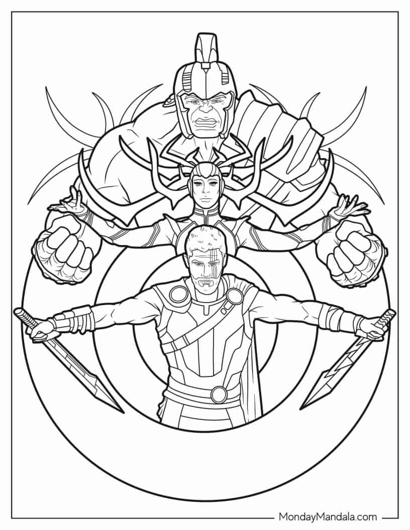 Thor With The Hulk And Hela coloring page