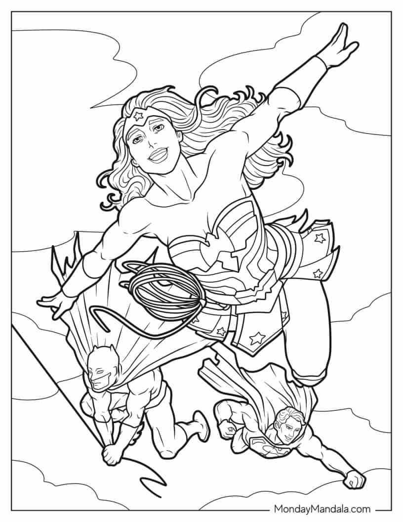 Coloring Sheet Of Wonder Woman With Superman And Batman coloring page
