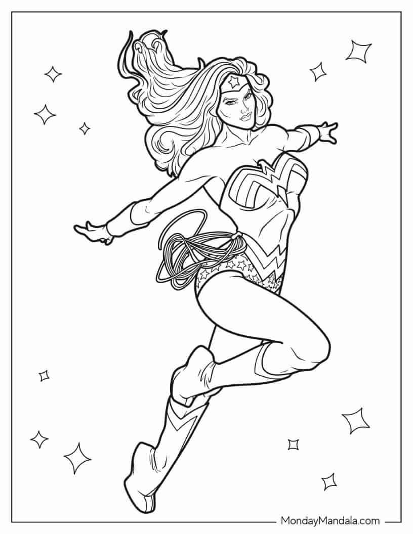 Detailed Wonder Woman Flying In Sky coloring page