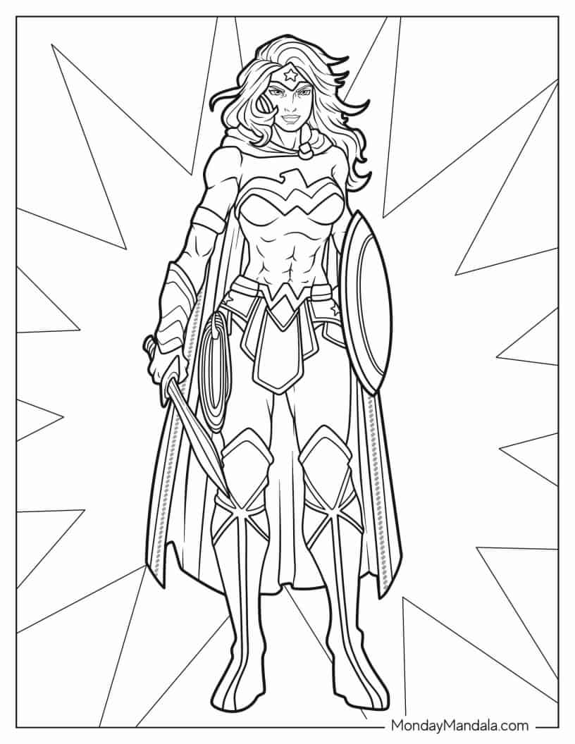 Wonder Woman Holding Sword And Shield coloring page