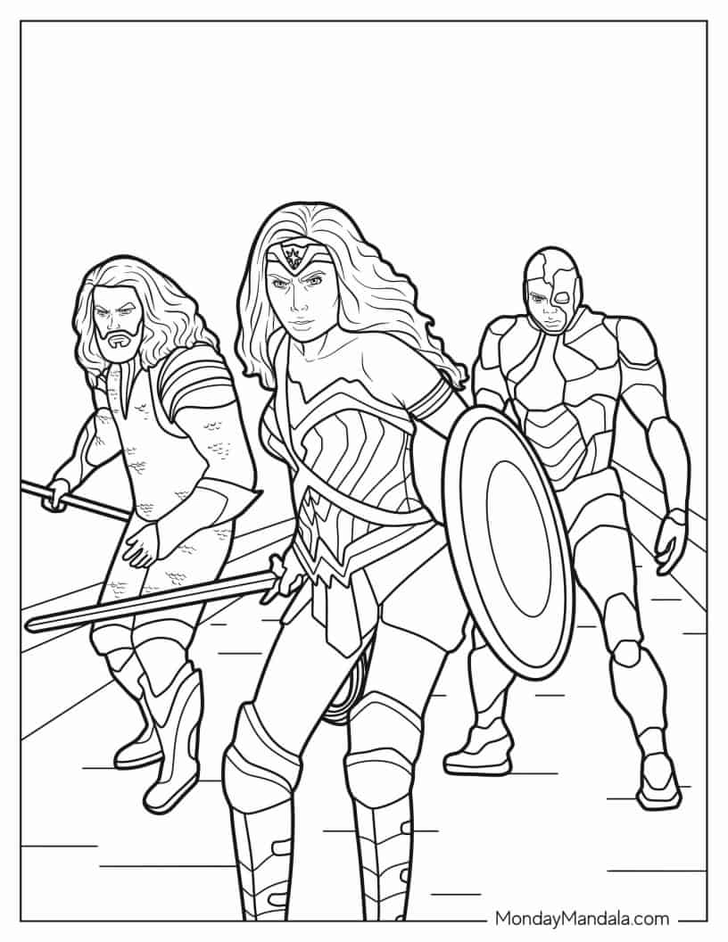 Wonder Woman With Aqua Man and Cyborg coloring page