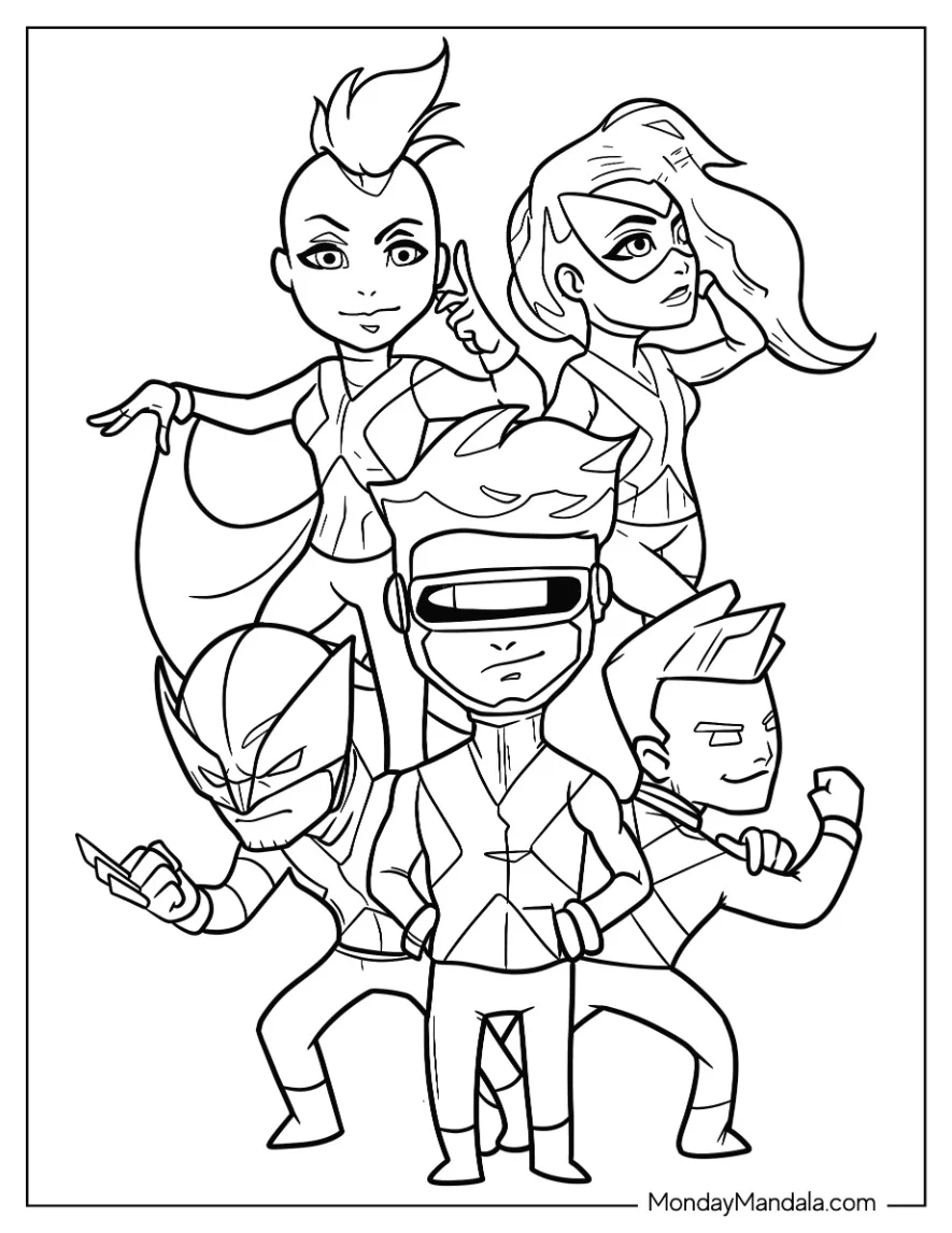 Kawaii X-Men Coloring Page Of Cyclops, Colossus, Wolverine, Storm, And Phoenix For Kids coloring page