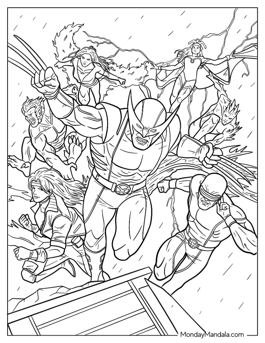 Realistic X-Men Coloring Page Of Wolverine, Beast, Rogue, Cyclops, Storm, Phoenix, And Silver Surfer coloring page