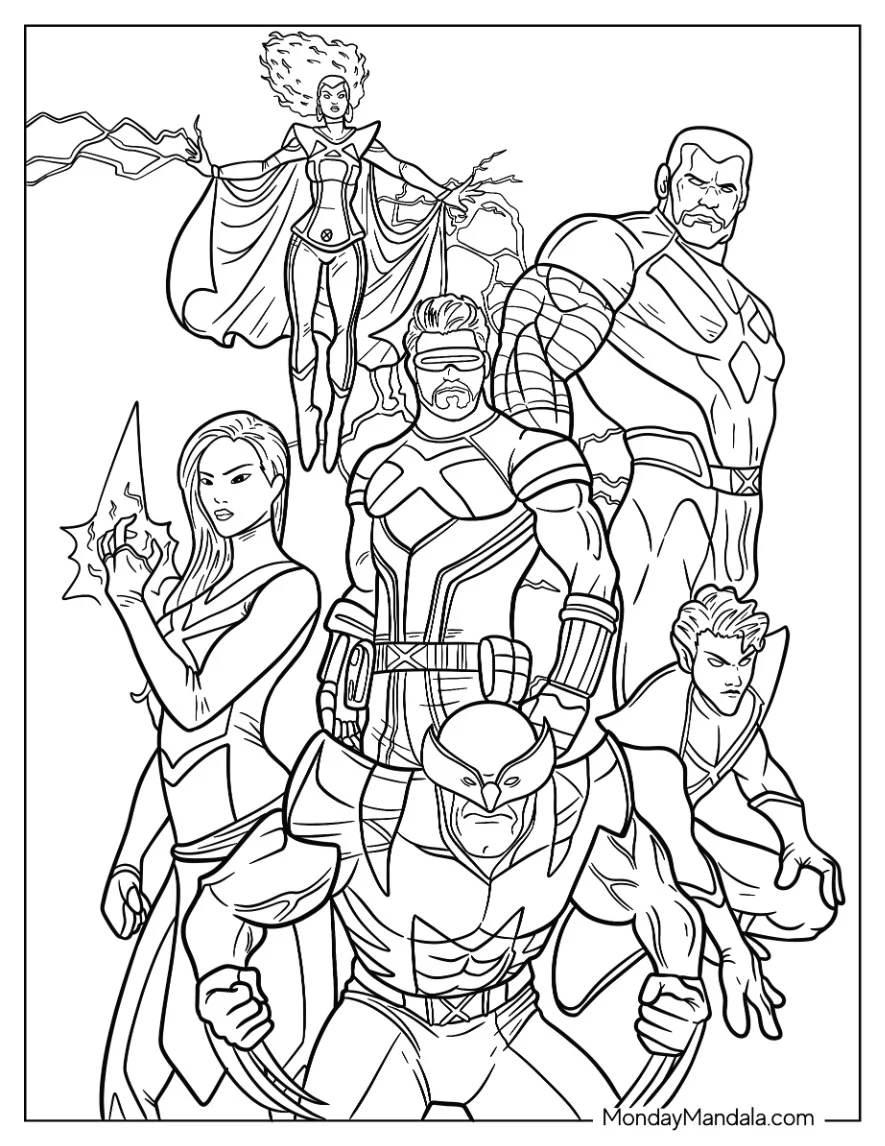 X-Men Coloring Page Of Cyclops, Wolverine, Psylocke, Colossus, Storm, And Nightcrawler coloring page
